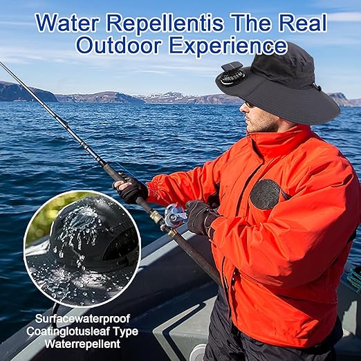 Man fishing on a boat with a focus on water repellent clothing, surrounded by water.
