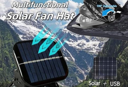 Multifunctional solar fan hat with solar panel and USB cable against a mountainous background