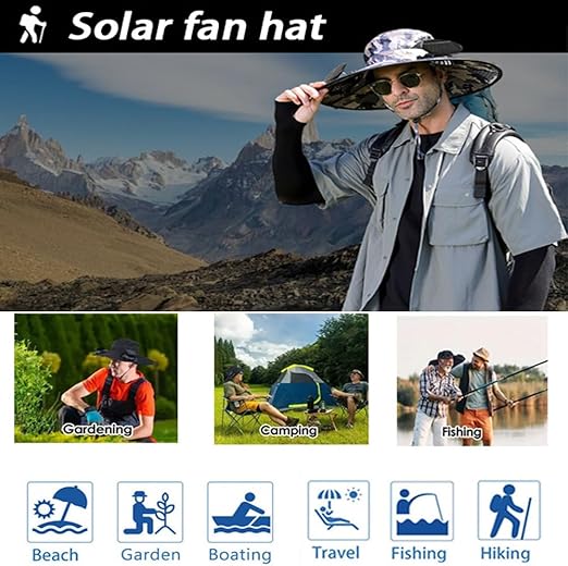 Man wearing a solar fan hat with outdoor activities depicted below