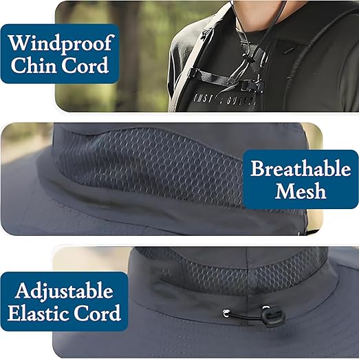 Hat with windproof chin cord, breathable mesh, and adjustable elastic cord features.