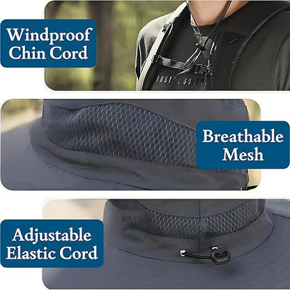 Hat with windproof chin cord, breathable mesh, and adjustable elastic cord features.