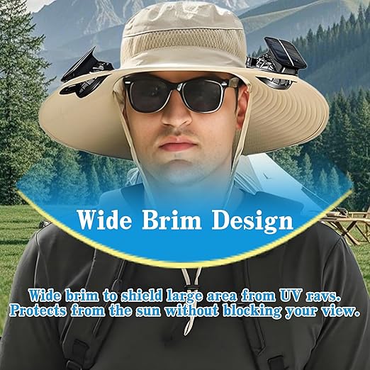 Person wearing a wide-brimmed hat with sunglasses, set against a scenic background.