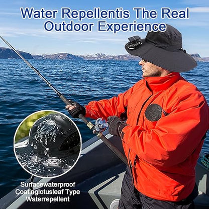 Man fishing on a boat with a focus on water repellent clothing, surrounded by water.