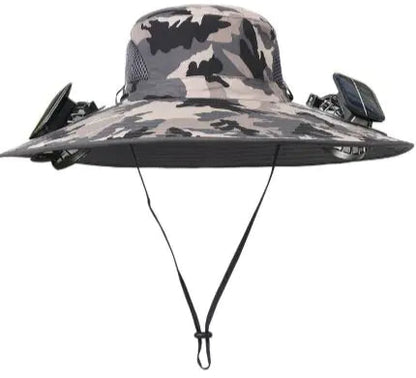 Camouflage bucket hat with chin strap on a white background