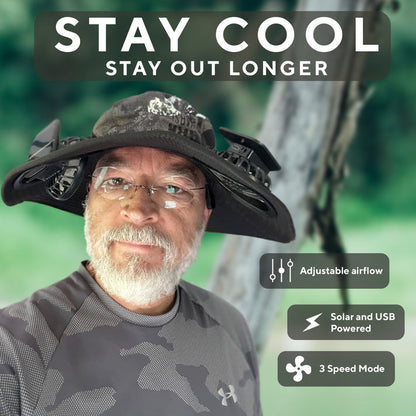 Person wearing a large black hat with text 'Stay Cool, Stay Out Longer' and product features.