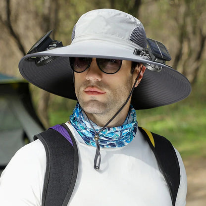 Man wearing a wide-brimmed hat with solar panels, sunglasses, and a neck gaiter outdoors.