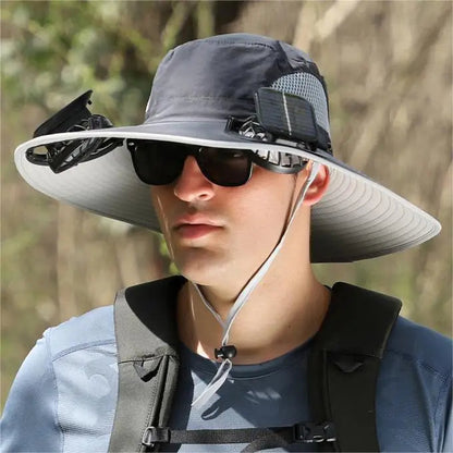 Person wearing a wide-brimmed hat with sunglasses and a backpack outdoors