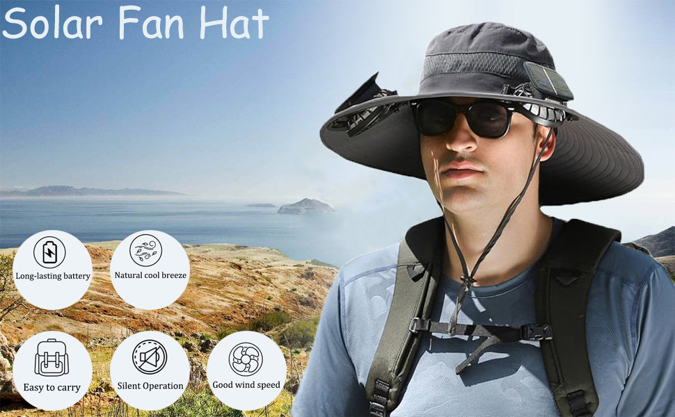 Person wearing a solar fan hat with scenic background